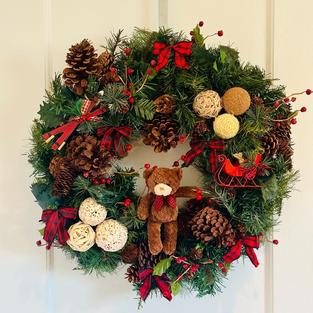 Hand-Crafted Buffalo Plaid Teddy Bear Wreath